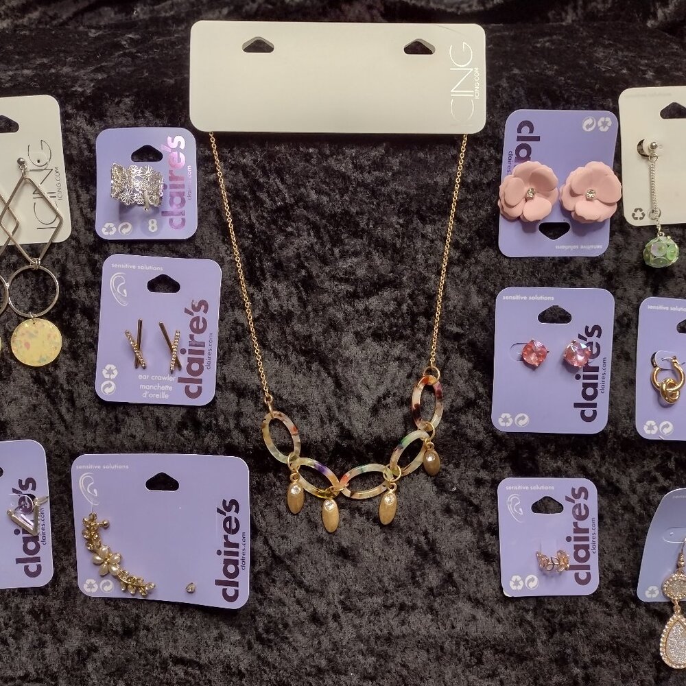Lot New Claires Icing Pastel Sparkle Necklace‎ Ring Hypoallergenic Earrings Set